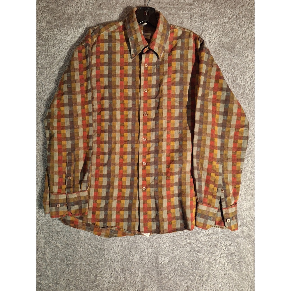 Vintage Norm Thompson Woven Check Button Down Shirt Mens L Orange Brown Korea